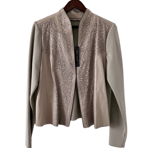 Elie Tahari Shira Leather Jacket Size Large Laser Cut Sahara Khaki - Picture 5 of 15
